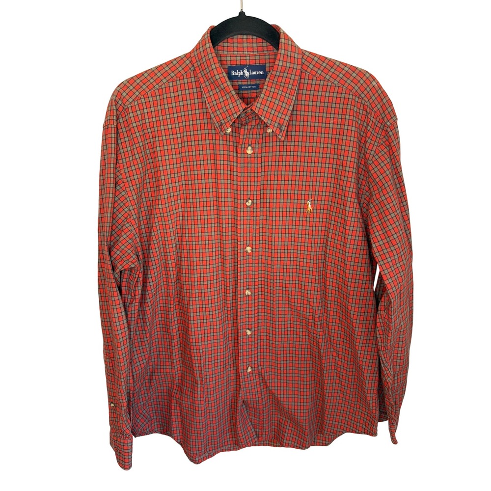 Vintage Y2K Ralph Lauren‎ Mens Red Plaid Flesh Pony Long Sleeve Shirt